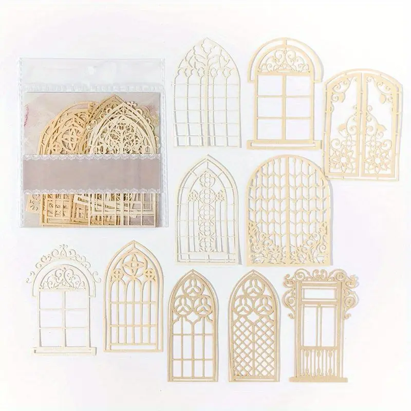 Bastelpapier mit Spitzenmotiven, Fenstern und Schmetterlingen – Creme