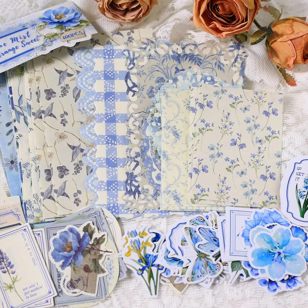 Scrapbooking-Papier Set Vintage Blumen mit Spitzenrand – Blau