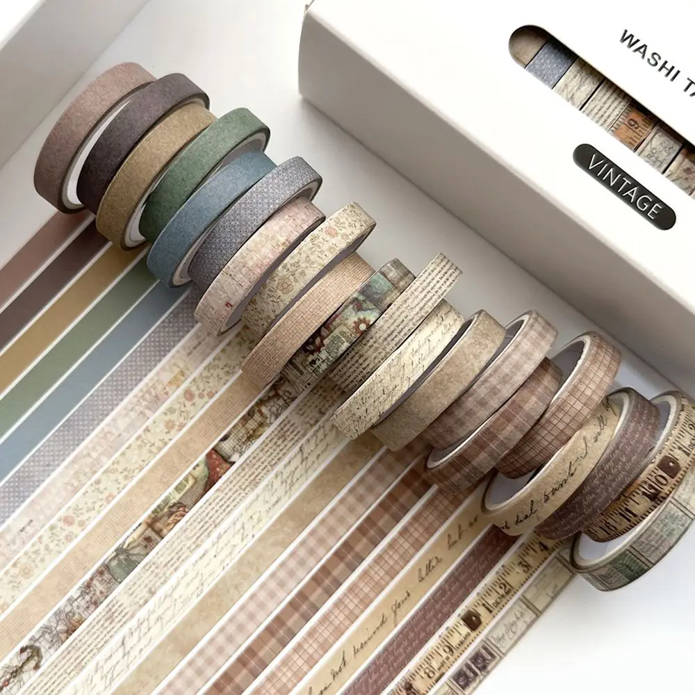 Schmales Washi Tape Set Retro mit Karo- und Blumenmuster – Beige – Streifen