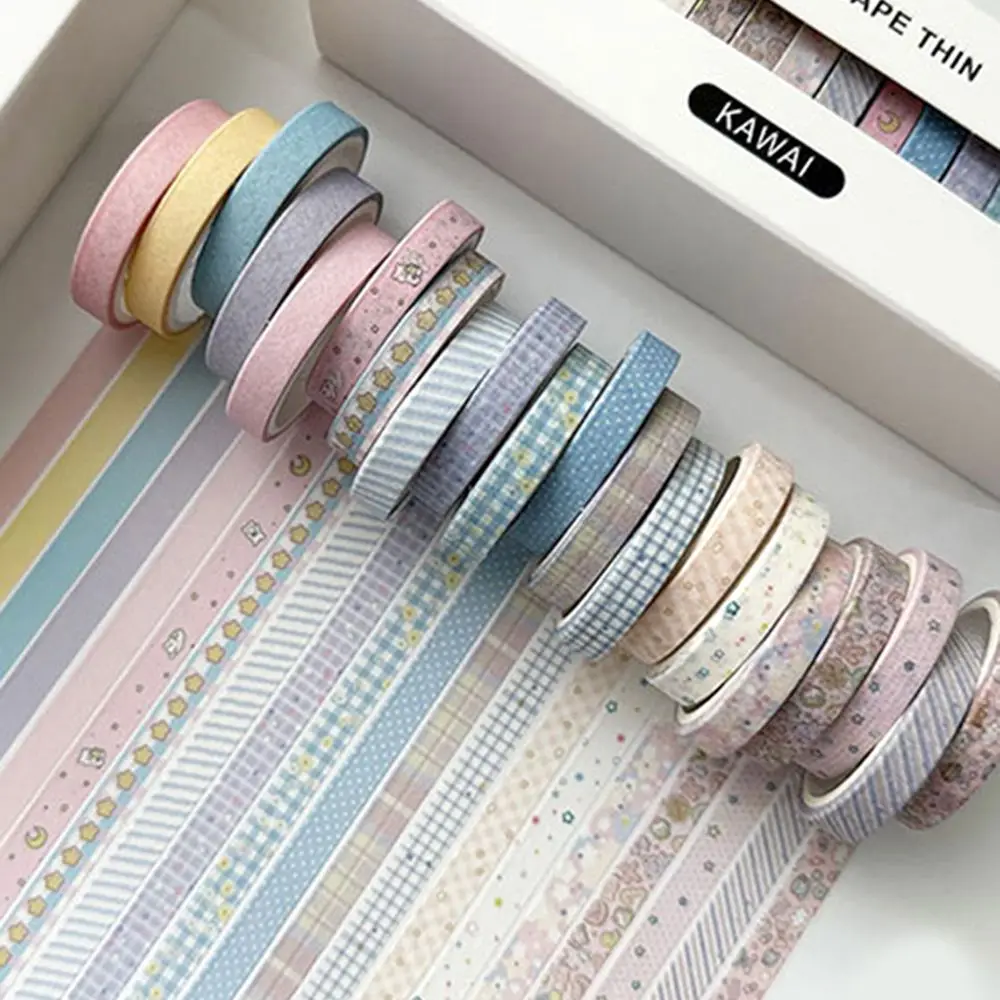 Schmales Washi Tape Set Retro mit Karo- und Blumenmuster – Hellblau