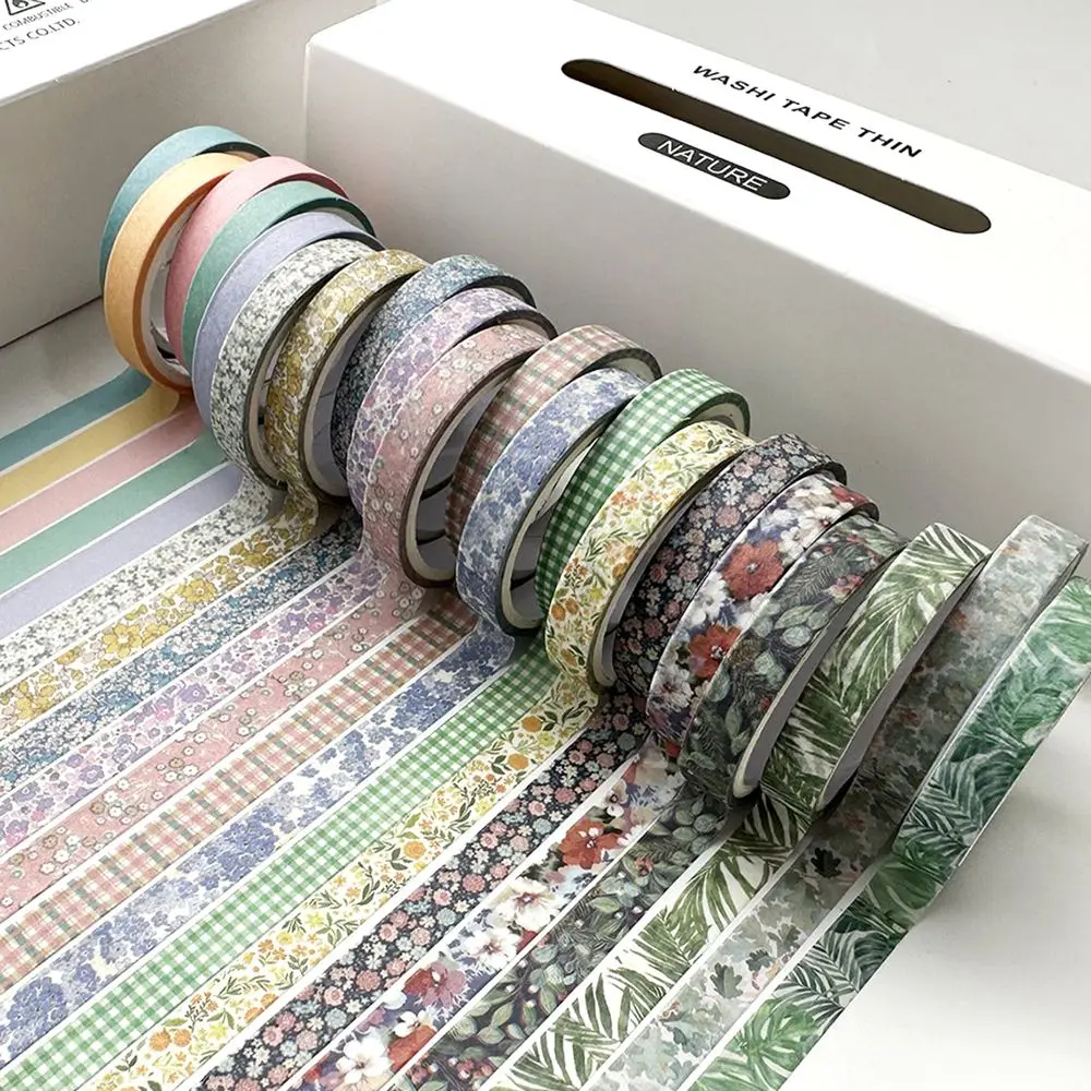 Schmales Washi Tape Set Retro mit Karo- und Blumenmuster – Mintgrün