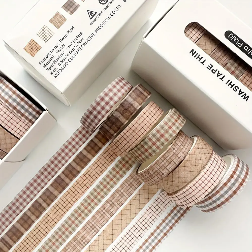 Schmales Washi Tape Set Retro mit Karo- und Blumenmuster – Beige – Karo