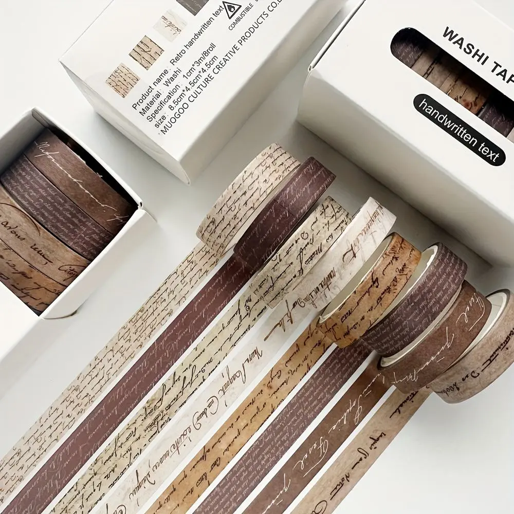 Schmales Washi Tape Set Retro mit Karo- und Blumenmuster – Braun – Schrift