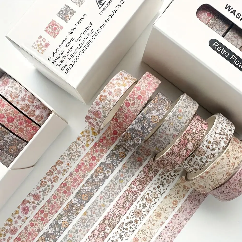 Schmales Washi Tape Set Retro mit Karo- und Blumenmuster – Rosa