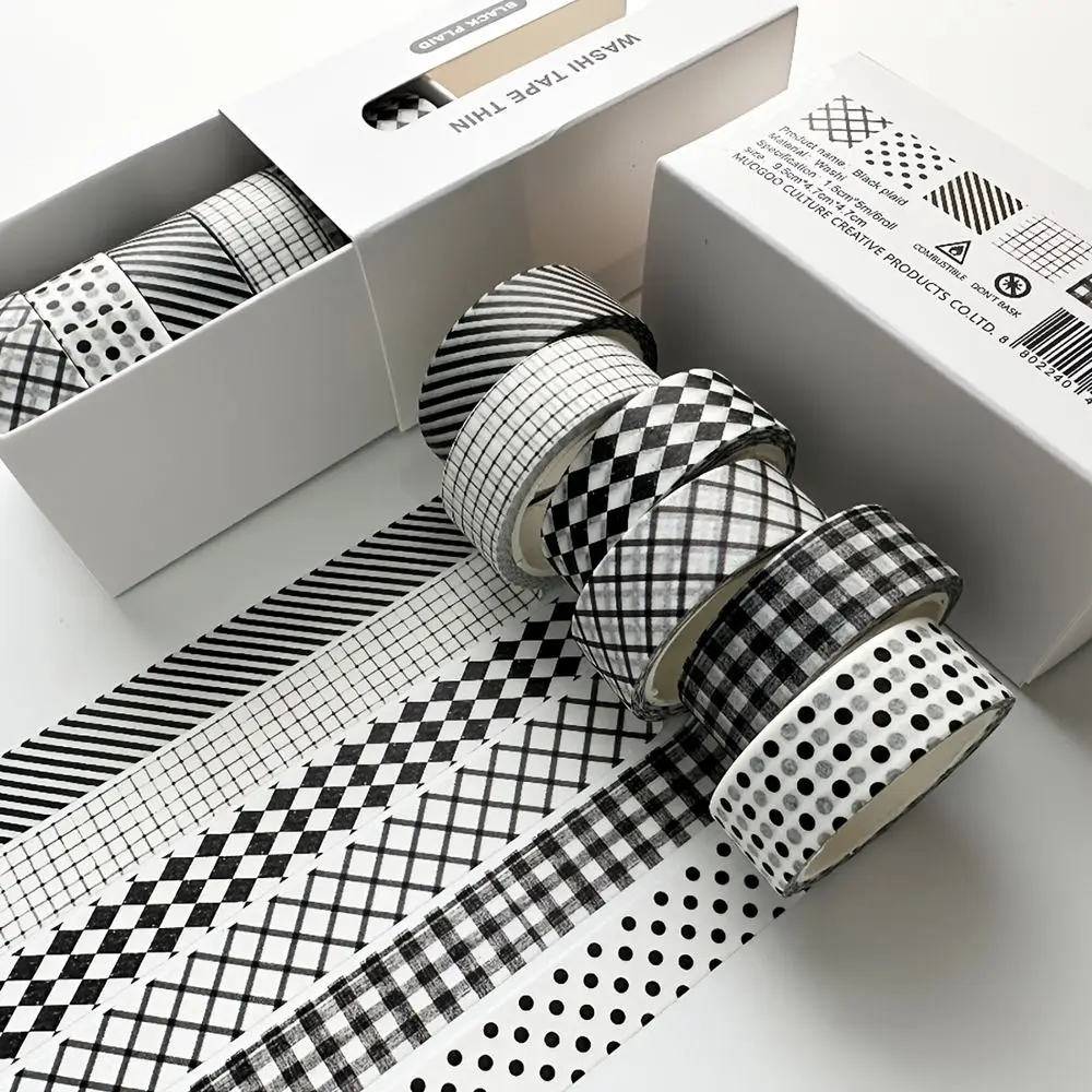 Schmales Washi Tape Set Retro mit Karo- und Blumenmuster – Schwarz