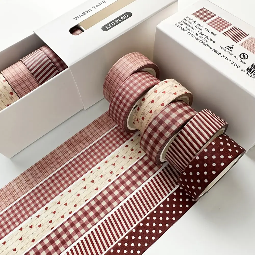 Schmales Washi Tape Set Retro mit Karo- und Blumenmuster – Weinrot