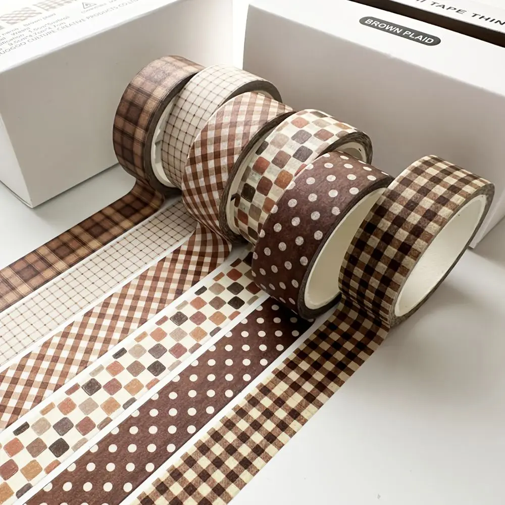 Schmales Washi Tape Set Retro mit Karo- und Blumenmuster – Braun – Karo