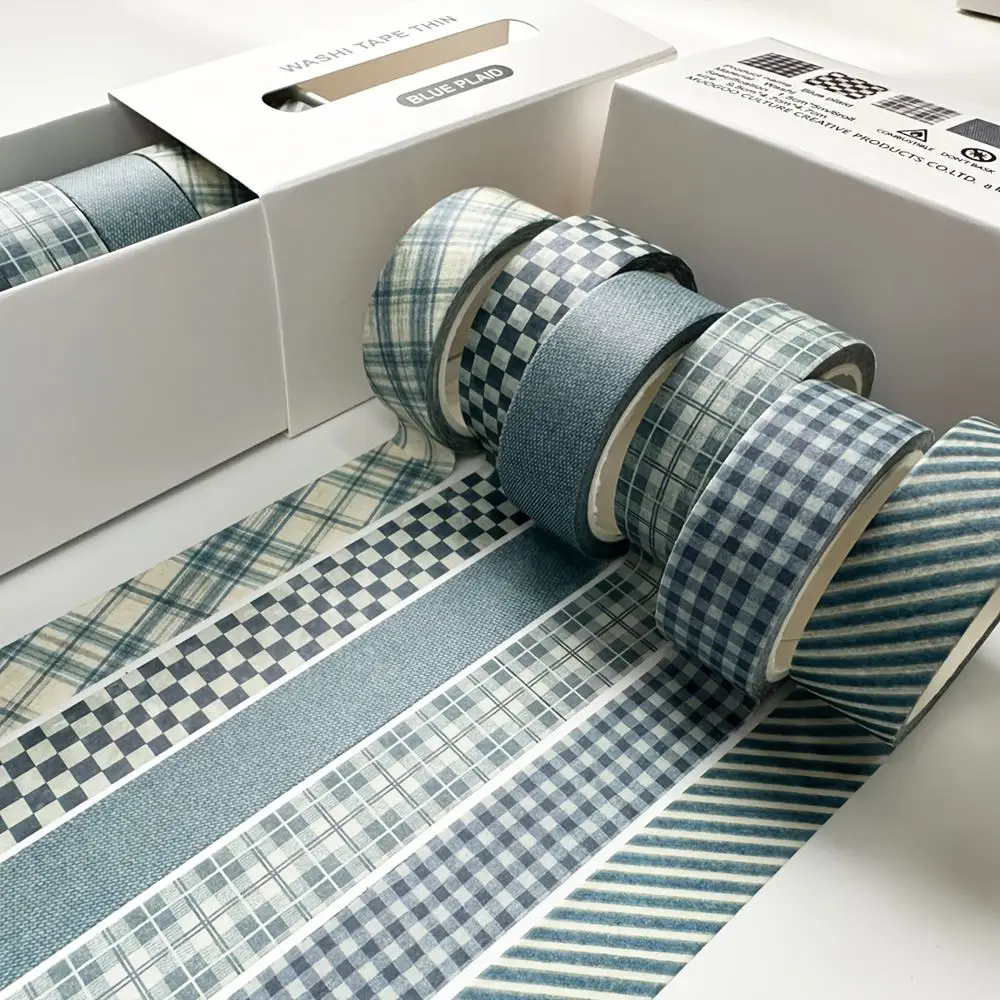 Schmales Washi Tape Set Retro mit Karo- und Blumenmuster – Blau